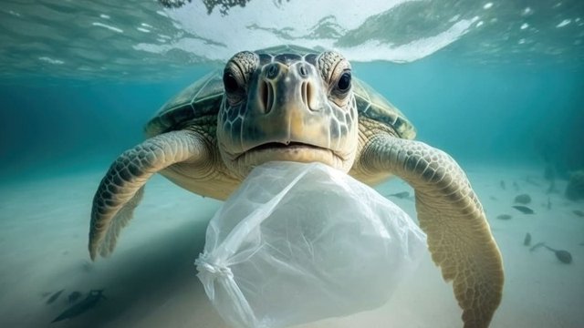impacto ambiental en el mar: tortuga con una bolsa de plástico