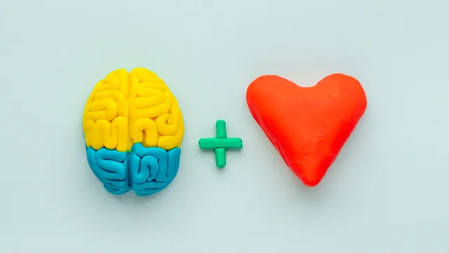 conos de un cerebro, un signo de suma y un corazón hechos de plastilina