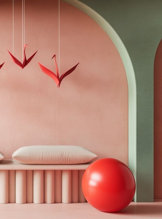 Espacio de interiorismo minimalista en tonos pastel con un banco geom&eacute;trico y detalles decorativos colgantes