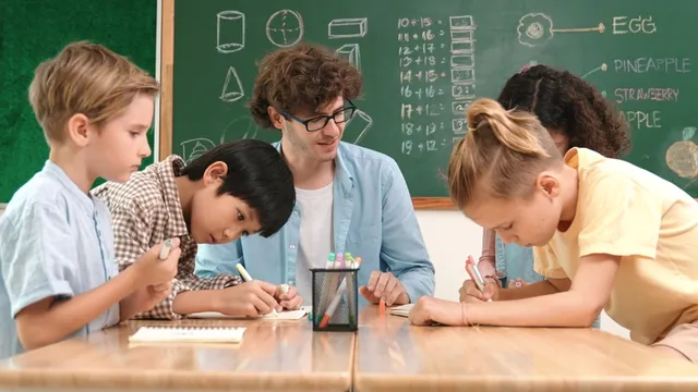 maestro explica una idea y grupo de estudiantes dibujo un mapa mental