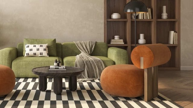 salón con estilo mid century modern