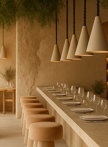 Espacio de un restaurant decorado con tonos c&aacute;lidos