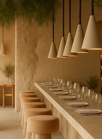 Espacio de un restaurant decorado con tonos c&aacute;lidos