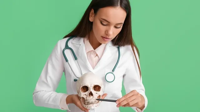 personal médico sosteniendo un cráneo y señalando los dientes
