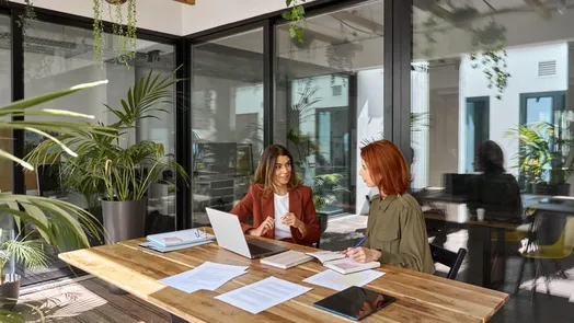 auxiliar administrativa y gerente mantienen una conversación de trabajo, mientras usan un ordenador portátil