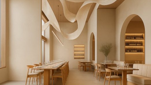Restaurante decorado con tonos blancos y luz cálida