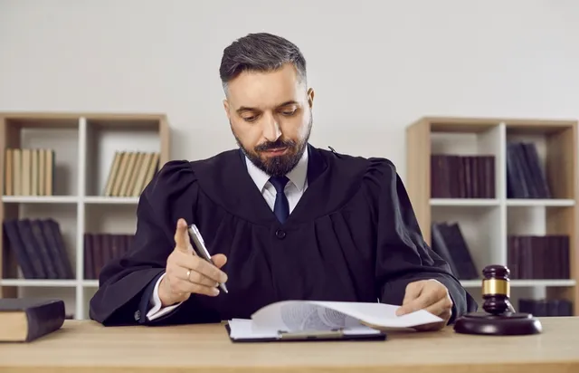 Magistrado con toga judicial revisando documentos legales en su despacho