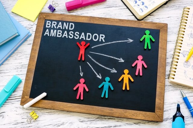 Esquema en pizarra del concepto embajador de marca: una persona central con flechas hacia otras personas