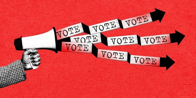 Megáfono con mensajes de "Vote por", haciendo Marketing político