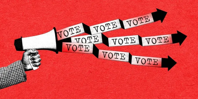 Megáfono con mensajes de "Vote por", haciendo Marketing político