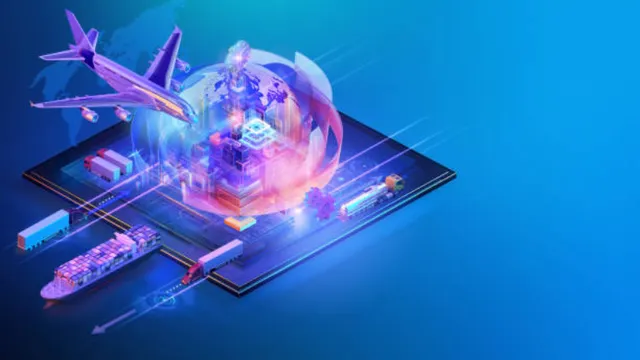 Futuristic 3D illustration representing global logistics and supply chain technology. It features a cargo airplane, container ship, and delivery trucks connected to a central glowing digital globe on a blue background.