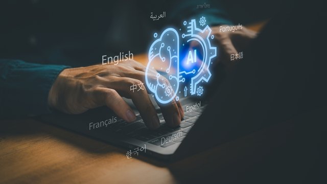 tecnología de traducción de inteligencia artificial con el icono del cerebro de la IA y múltiples idiomas del mundo