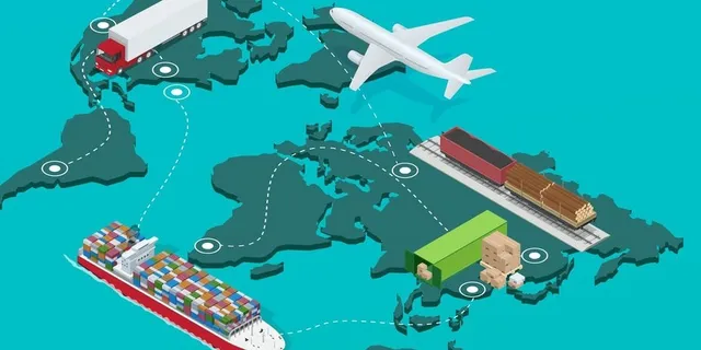 imagen de diferentes tipos de transporte, avión, barco, camión