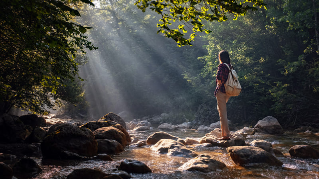 una mujer excursionista rodeada de naturaleza
